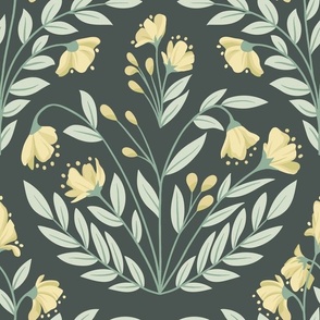 Fables // Enchanted Garden Blooms // Mustard Yellow, Sage Green on Charcoal // JUMBO 