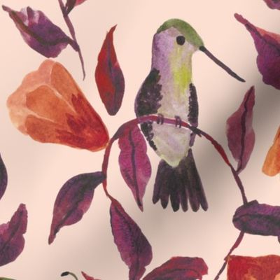 Hummingbird floral  hand painted loose watercolour in apricot burgundy