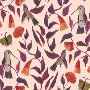 Hummingbird floral  hand painted loose watercolour in apricot burgundy