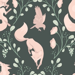 Fables // Fox & the Crow / Grapes // Rose Pink & Sage Green on Charcoal // JUMBO 
