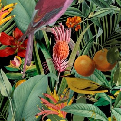 Tropical Jungle Fruit Garden With Parrots On Black Smaller Scale