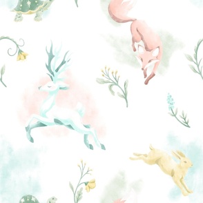 Fables Watercolor // White Stag, Fox, Tortoise & Hare on White // Wildflowers // JUMBO 