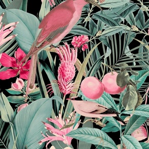 Tropical Jungle Fruit Garden With Parrots Teal Pink