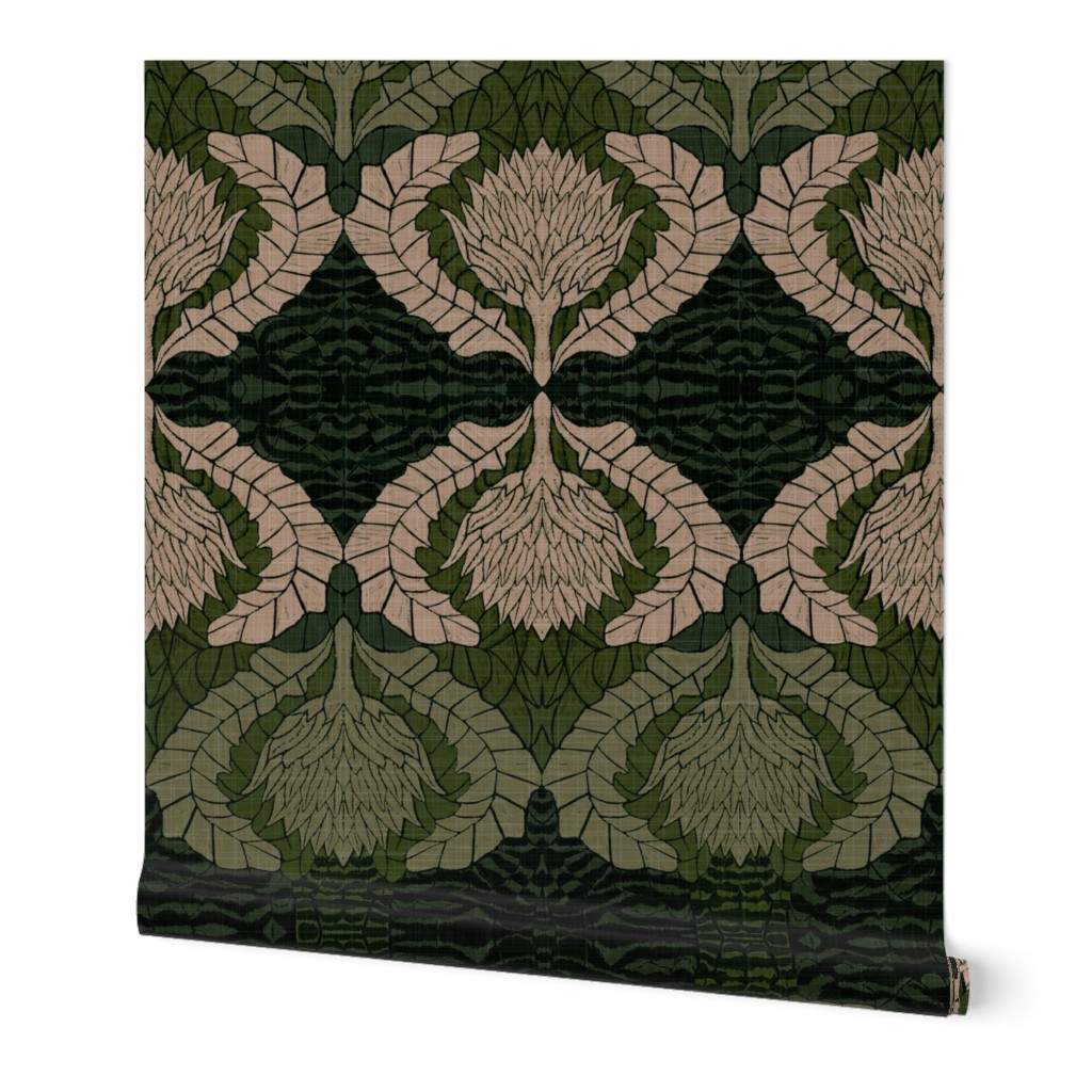 William Morris Inspired Maximalist Artichoke Damask in Brown, Olive and ecru