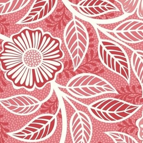 23 Soft Spring- Victorian Floral- Off White on Watermelon- Climbing Vine with Flowers- Petal Signature Solids - Coral- Flaming0- Soft Red- Natural- William Morris Wallpaper- Medium