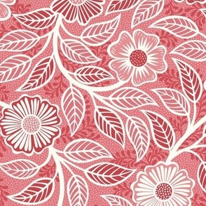 23 Soft Spring- Victorian Floral- Off White on Watermelon- Climbing Vine with Flowers- Petal Signature Solids - Coral- Flaming0- Soft Red- Natural- William Morris Wallpaper- Small