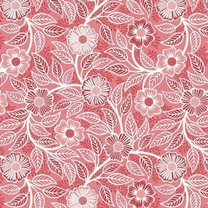 23 Soft Spring- Victorian Floral- Off White on Watermelon- Climbing Vine with Flowers- Petal Signature Solids - Coral- Flaming0- Soft Red- Natural- William Morris Wallpaper-  Mini