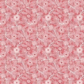 23 Soft Spring- Victorian Floral- Off White on Watermelon- Climbing Vine with Flowers- Petal Signature Solids - Coral- Flaming0- Soft Red- Natural- William Morris Wallpaper- Micro