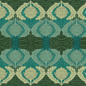 William Morris Inspired Maximalist Artichoke Damask in Teal and Green