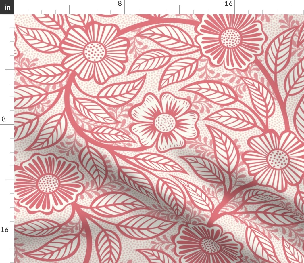 23 Soft Spring- Victorian Floral- Watermelon on Off White- Climbing Vine with Flowers- Petal Signature Solids - Coral- Flaming0- Soft Red- Natural- William Morris Wallpaper- Large