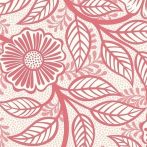 23 Soft Spring- Victorian Floral- Watermelon on Off White- Climbing Vine with Flowers- Petal Signature Solids - Coral- Flaming0- Soft Red- Natural- William Morris Wallpaper- Medium