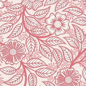 23 Soft Spring- Victorian Floral- Watermelon on Off White- Climbing Vine with Flowers- Petal Signature Solids - Coral- Flaming0- Soft Red- Natural- William Morris Wallpaper- Small