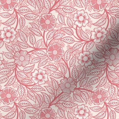 23 Soft Spring- Victorian Floral- Watermelon on Off White- Climbing Vine with Flowers- Petal Signature Solids - Coral- Flaming0- Soft Red- Natural- William Morris Wallpaper- Mini