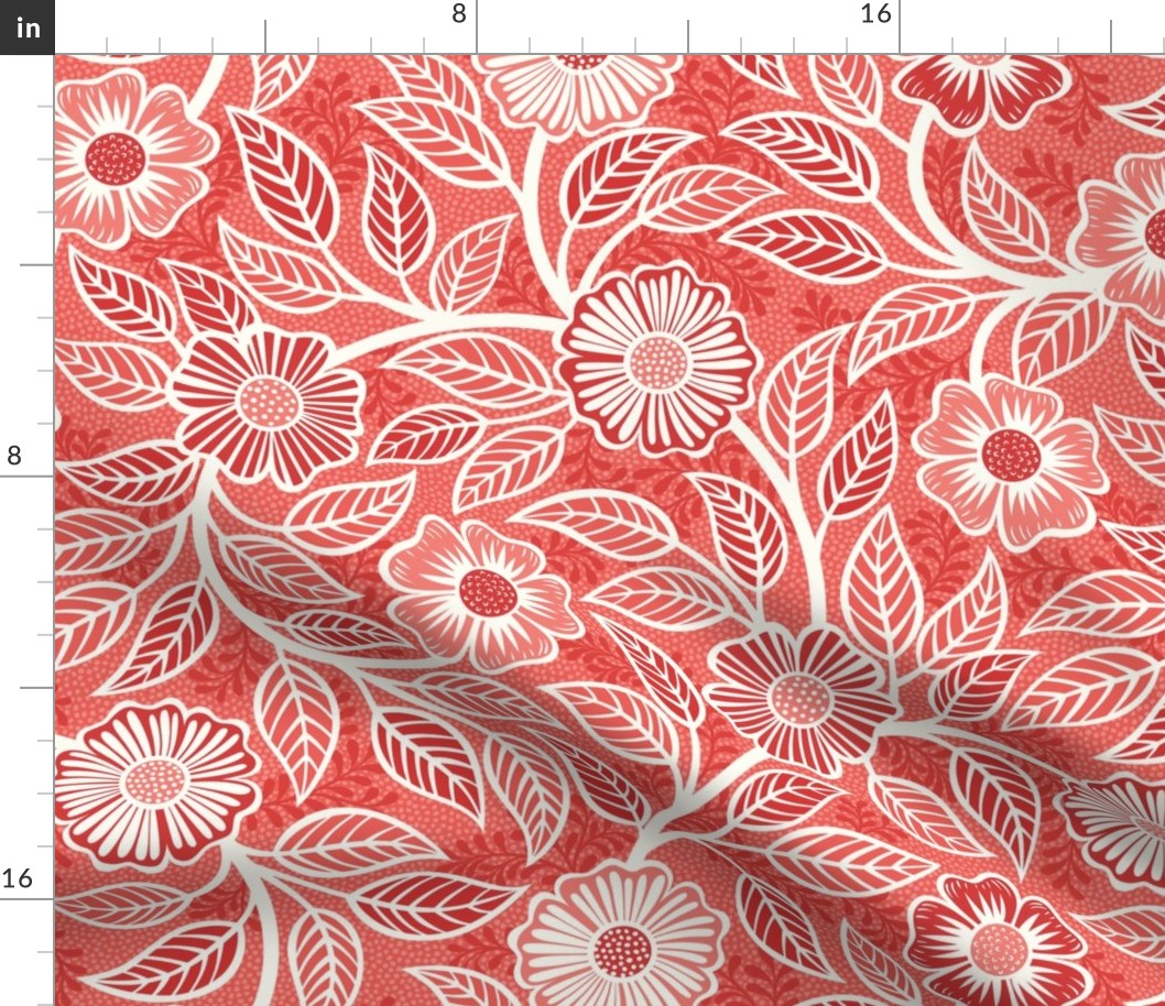 24 Soft Spring- Victorian Floral- Off White on Coral- Climbing Vine with Flowers- Petal Signature Solids -Flamingo- Red- Natural- William Morris Wallpaper- Medium