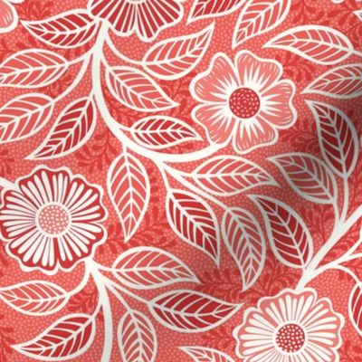 24 Soft Spring- Victorian Floral- Off White on Coral- Climbing Vine with Flowers- Petal Signature Solids -Flamingo- Red- Natural- William Morris Wallpaper- Small