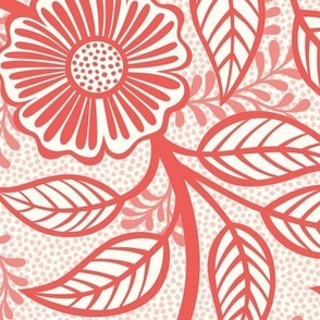 24 Soft Spring- Victorian Floral-Coral on Off White- Climbing Vine with Flowers- Petal Signature Solids -Flamingo- Red- Natural- William Morris Wallpaper- Large