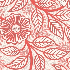 24 Soft Spring- Victorian Floral-Coral on Off White- Climbing Vine with Flowers- Petal Signature Solids -Flamingo- Red- Natural- William Morris Wallpaper- Medium