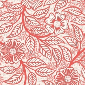 24 Soft Spring- Victorian Floral-Coral on Off White- Climbing Vine with Flowers- Petal Signature Solids -Flamingo- Red- Natural- William Morris Wallpaper- Small