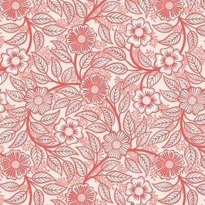 24 Soft Spring- Victorian Floral-Coral on Off White- Climbing Vine with Flowers- Petal Signature Solids -Flamingo- Red- Natural- William Morris Wallpaper- Mini