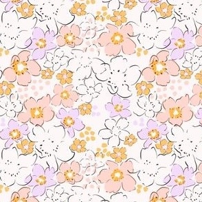 Ditsy modern outline floral in pink, lilac and mustard flowers