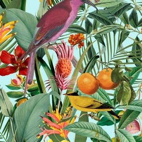 Tropical Jungle Fruit Garden With Parrots On Teal