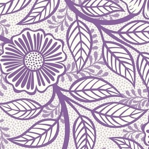 27 Soft Spring- Victorian Floral-Orchid  on Off White- Climbing Vine with Flowers- Petal Signature Solids -Violet- Purple- Lavender- Natural- William Morris Wallpaper- Medium