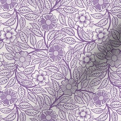 27 Soft Spring- Victorian Floral-Orchid  on Off White- Climbing Vine with Flowers- Petal Signature Solids -Violet- Purple- Lavender- Natural- William Morris Wallpaper- Mini