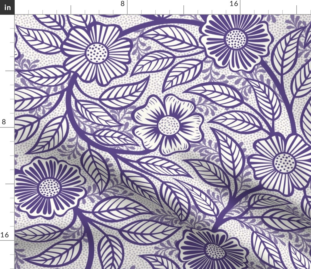 28 Soft Spring- Victorian Floral- Grape on Off White- Climbing Vine with Flowers- Petal Signature Solids- Violet- Purple- Lavender- Natural- William Morris Wallpaper- Large