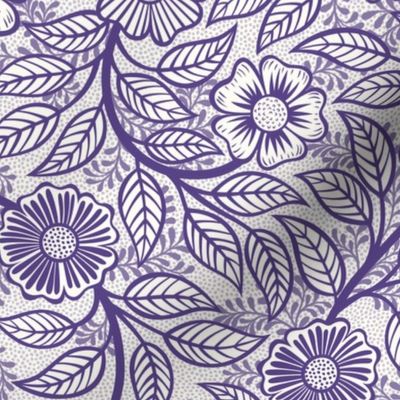 28 Soft Spring- Victorian Floral- Grape on Off White- Climbing Vine with Flowers- Petal Signature Solids- Violet- Purple- Lavender- Natural- William Morris Wallpaper- Small