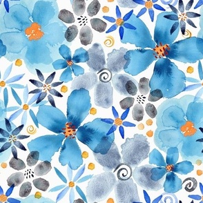 Starry Blue Gray Watercolor Flowers Medium