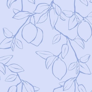 Monochrome Line Art of Lemons and Leaves in Periwinkle