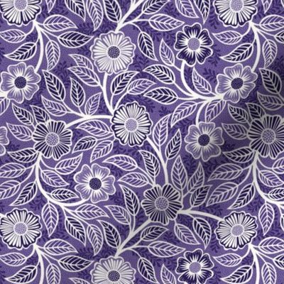 28 Soft Spring- Victorian Floral- Off White on Grape- Climbing Vine with Flowers- Petal Signature Solids- Violet- Purple- Lavender- Natural- William Morris Wallpaper- Mini
