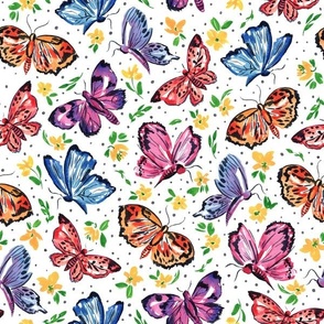 Watercolor Butterflies on White with Scattered Flowers and Dots