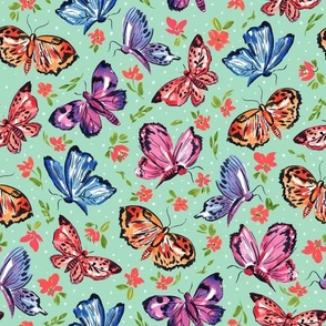 Watercolor Butterflies on Green with Scattered Flowers and Dots