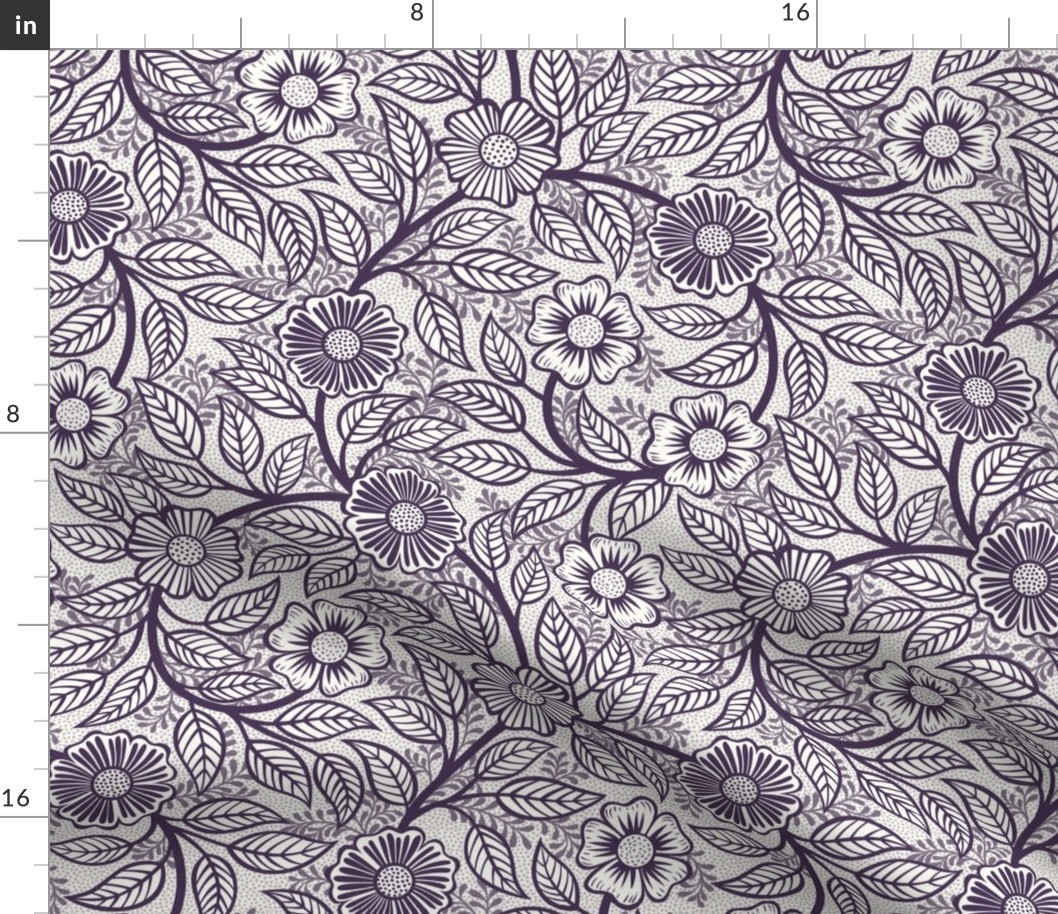 29 Soft Spring- Victorian Floral-Plum on Off White- Climbing Vine with Flowers- Petal Signature Solids- Violet- Dark Purple- Lavender- Natural- William Morris Wallpaper- Small
