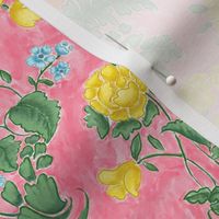 Damask watercolor floral with oranges pink yellow and green  Small scale