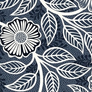 30 Soft Spring- Victorian Floral- Off White on Navy- Climbing Vine with Flowers- Petal Signature Solids- Navy Blue- Indigo Blue- Dark Blue- Natural- William Morris Wallpaper- Medium