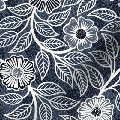 30 Soft Spring- Victorian Floral- Off White on Navy- Climbing Vine with Flowers- Petal Signature Solids- Navy Blue- Indigo Blue- Dark Blue- Natural- William Morris Wallpaper- Small