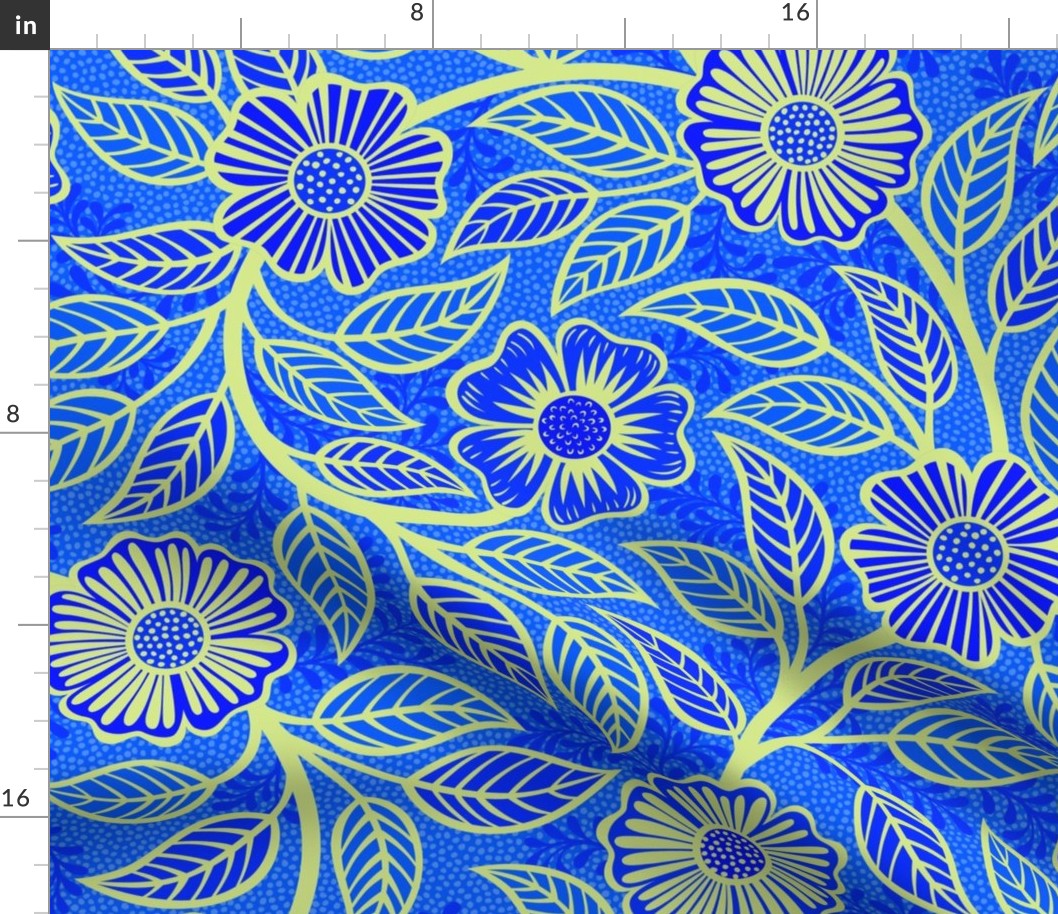 31 Soft Spring- Victorian Floral- Honeydew Green on Cobalt Blue- Climbing Vine with Flowers- Petal Signature Solids- Bright Blue- Dopamine- Electric Blue- Natural- William Morris Wallpaper- Large