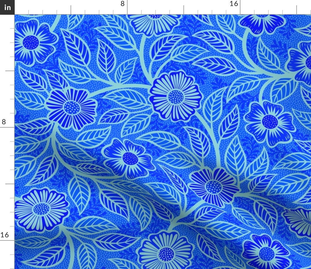 31 Soft Spring- Victorian Floral- Pool Turquoise on Cobalt Blue- Climbing Vine with Flowers- Petal Signature Solids- Bright Blue- Dopamine- Electric Blue- Natural- William Morris Wallpaper- Medium