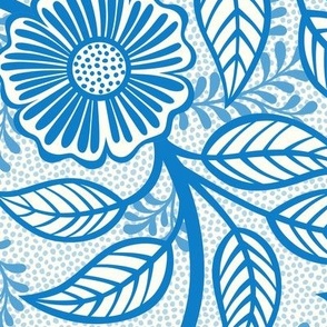 32 Soft Spring- Victorian Floral- Bluebell Blue on Off White- Climbing Vine with Flowers- Petal Signature Solids- Bright Blue- Natural- William Morris Wallpaper- Large