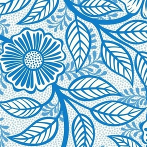 32 Soft Spring- Victorian Floral- Bluebell Blue on Off White- Climbing Vine with Flowers- Petal Signature Solids- Bright Blue- Natural- William Morris Wallpaper- Medium