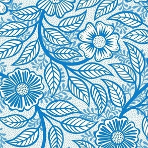 32 Soft Spring- Victorian Floral- Bluebell Blue on Off White- Climbing Vine with Flowers- Petal Signature Solids- Bright Blue- Natural- William Morris Wallpaper- Small