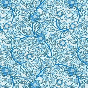 32 Soft Spring- Victorian Floral- Bluebell Blue on Off White- Climbing Vine with Flowers- Petal Signature Solids- Bright Blue- Natural- William Morris Wallpaper- Mini