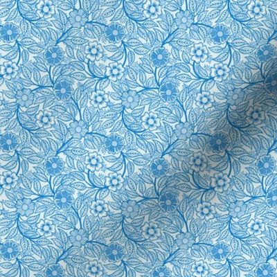 32 Soft Spring- Victorian Floral- Bluebell Blue on Off White- Climbing Vine with Flowers- Petal Signature Solids- Bright Blue- Natural- William Morris Wallpaper- Micro