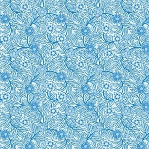 32 Soft Spring- Victorian Floral- Bluebell Blue on Off White- Climbing Vine with Flowers- Petal Signature Solids- Bright Blue- Natural- William Morris Wallpaper- Micro