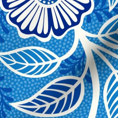 32 Soft Spring- Victorian Floral- Off White on Bluebell Blue- Climbing Vine with Flowers- Petal Signature Solids- Bright Blue- Natural- William Morris Wallpaper- Extra Large