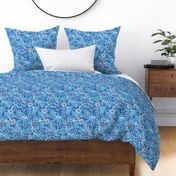 32 Soft Spring- Victorian Floral- Off White on Bluebell Blue- Climbing Vine with Flowers- Petal Signature Solids- Bright Blue- Natural- William Morris Wallpaper- Small