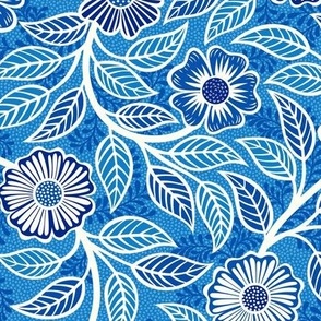 32 Soft Spring- Victorian Floral- Off White on Bluebell Blue- Climbing Vine with Flowers- Petal Signature Solids- Bright Blue- Natural- William Morris Wallpaper- Small