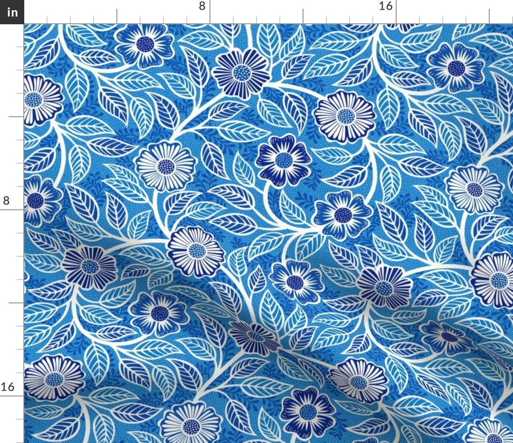 32 Soft Spring- Victorian Floral- Off White on Bluebell Blue- Climbing Vine with Flowers- Petal Signature Solids- Bright Blue- Natural- William Morris Wallpaper- Small